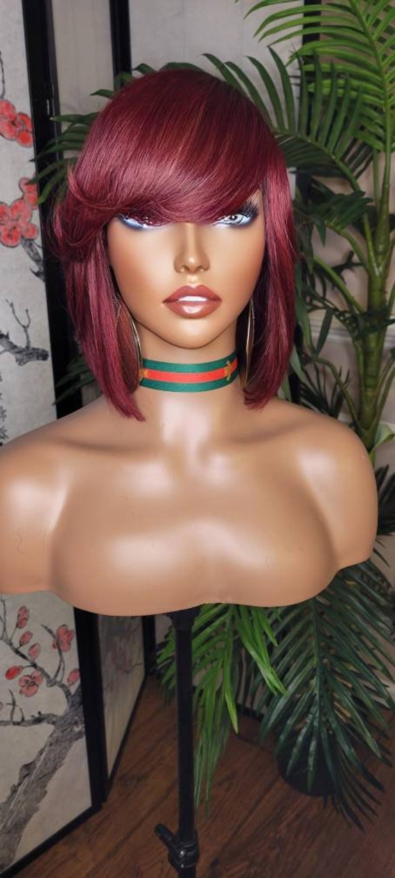 Burgundy Bob Wig: Remy Human Hair, Swoop Bangs, Full Cap - Etsy display picture 1