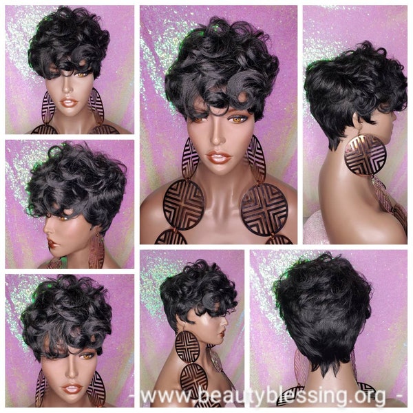 Wig Tapered Short Cut Mohawk Curl Full Cap Wig Pixie Cut Curl Wig Layered Hair Wig