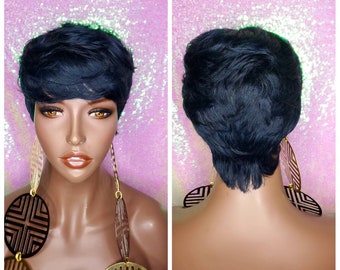 Wig Short Hair Cut Pixie Cut Peruvian Remy Human Hair Wig Midnight Blue Hair Wigs