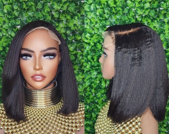 Blunt Cut Kinky Straight Human Hair Wig Glueless Lace Front Bob Italian Yaki Wig 4C Kinky Edges Natural Hairline Lace Wig