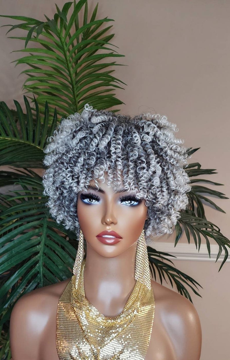 White Gray Hair Wig Coil Kinky Twist Spiral Curl Pixie Short Etsy