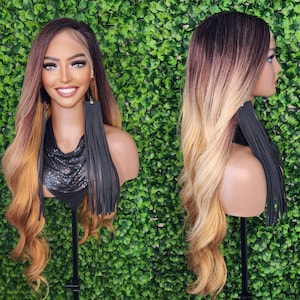 Strawberry Blonde Loose Wave 360 Lace Frontal Wig Glueless Human Hair Blend Lace Wig Ombre Blonde Brown Wig Flexible Parting Lace front Wig