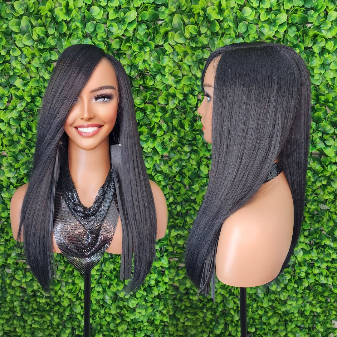 Layered Yaki Straight Glueless Invisible Human Hair Lace Front Wig