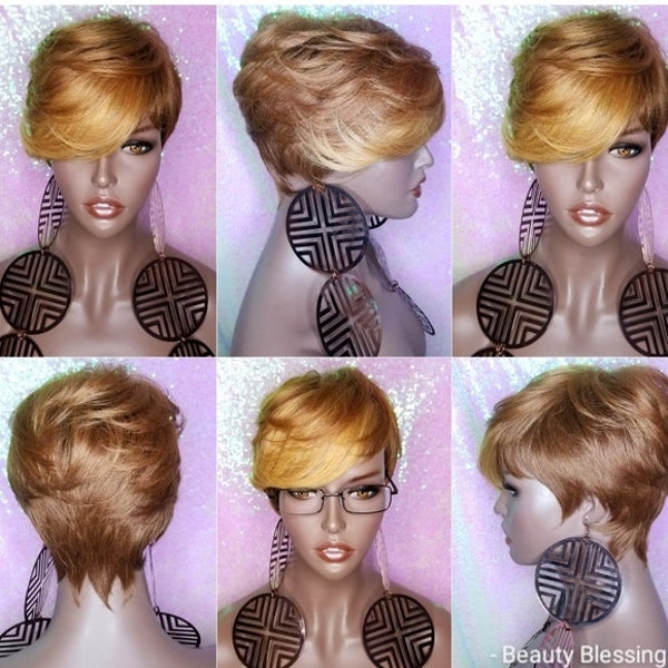 Swoop Bang Pixie Cut Ombre Pixie Wigs  Strawberry Blonde Auburn Gold Wig