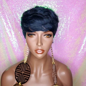 Wig Short Hair Cut Pixie Cut Peruvian Remy Human Hair Wig Midnight Blue Hair Wigs
