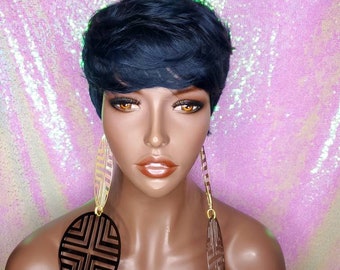 Perücke Kurze Haare Pixie Cut Peruanische Remy Echthaar-Perücke Midnight Blue Hair Perücken