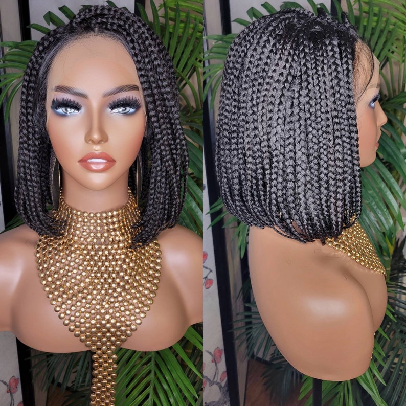 Wig Short Bob Box Braids Bob Lace Wig Flexible Parting Lace Front Wig Small Box Braid Bob Glueless Lace Wig Black