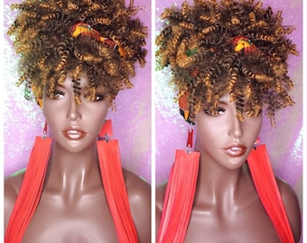 Turban Wig Afro Kinky Puff Bangs Wig Afro Curly Corkscrew Hair Wrap Wig African  Print Head Wrap Wig Afro Puff Hair Bang Wig