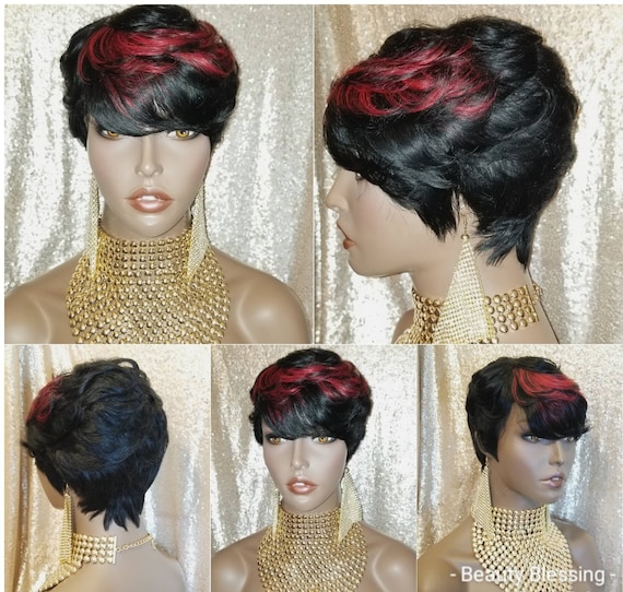 Wig Pixie Cut Brazilian Remy 100 Human Hair Wig Sleek Full Cap Colored Top Women Fashion Wig Etsy
