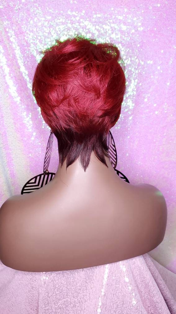 Wig Pixie Short Cut Swoop Bang Ombre Burgundy Red Wine Hair 