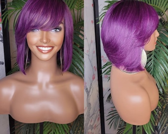 Purple Hair Wig Bob Brazilian Remy Human Hair Remy Short Hair Bob Style Swoop Bang Wig Full Cap Wig