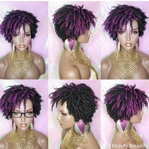 Purple Hair Wig Afrocentric Short Kinky Curl Coil Twist Afro Hair Dread Locks Natural Style Full Cap Wig