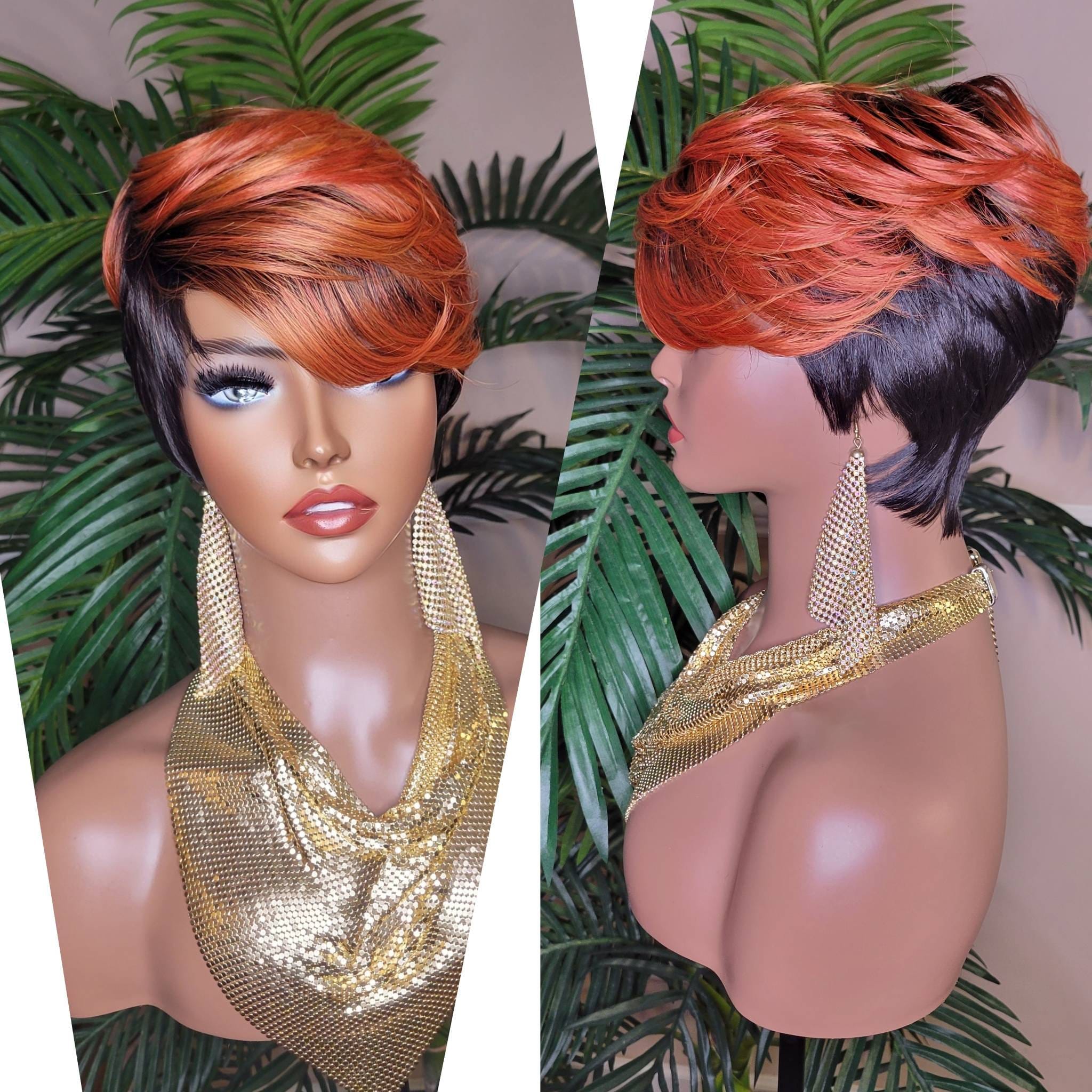 Wig Swoop Bang Wig Celebrity Inspired Pixie Cut Hair Wig with Swoop Bangs Off Black Ombre Copper Bang