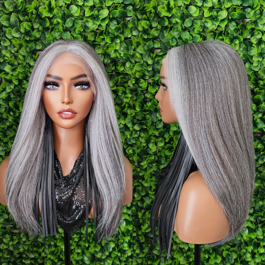 Dark Salt Pepper Gray Lace Front Wig Yaki Straight Hair Wig Gray Hair