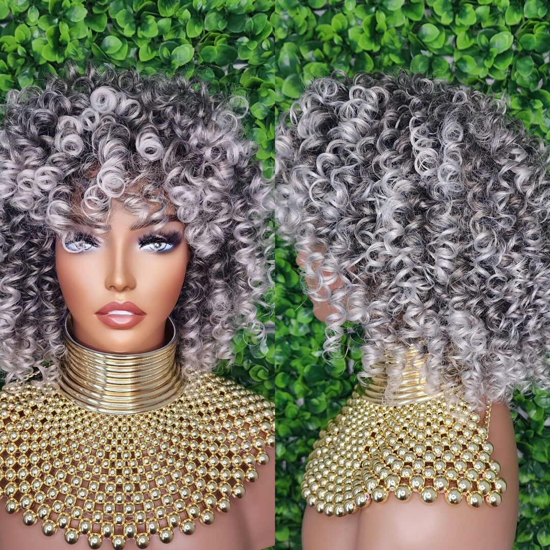 Woman WIG Frizzy Curly Kinky Afro Spiral Curl Wig Big Grey Gray
