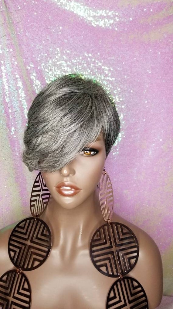 Salt Pepper Grey Pixie Cut Wig: Layered Swoop Bang Style  display picture 3