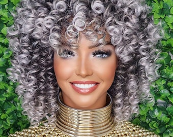 Frizzy Kinky Afro Perücke: Spirallocken, Salz & Pfeffer Grau