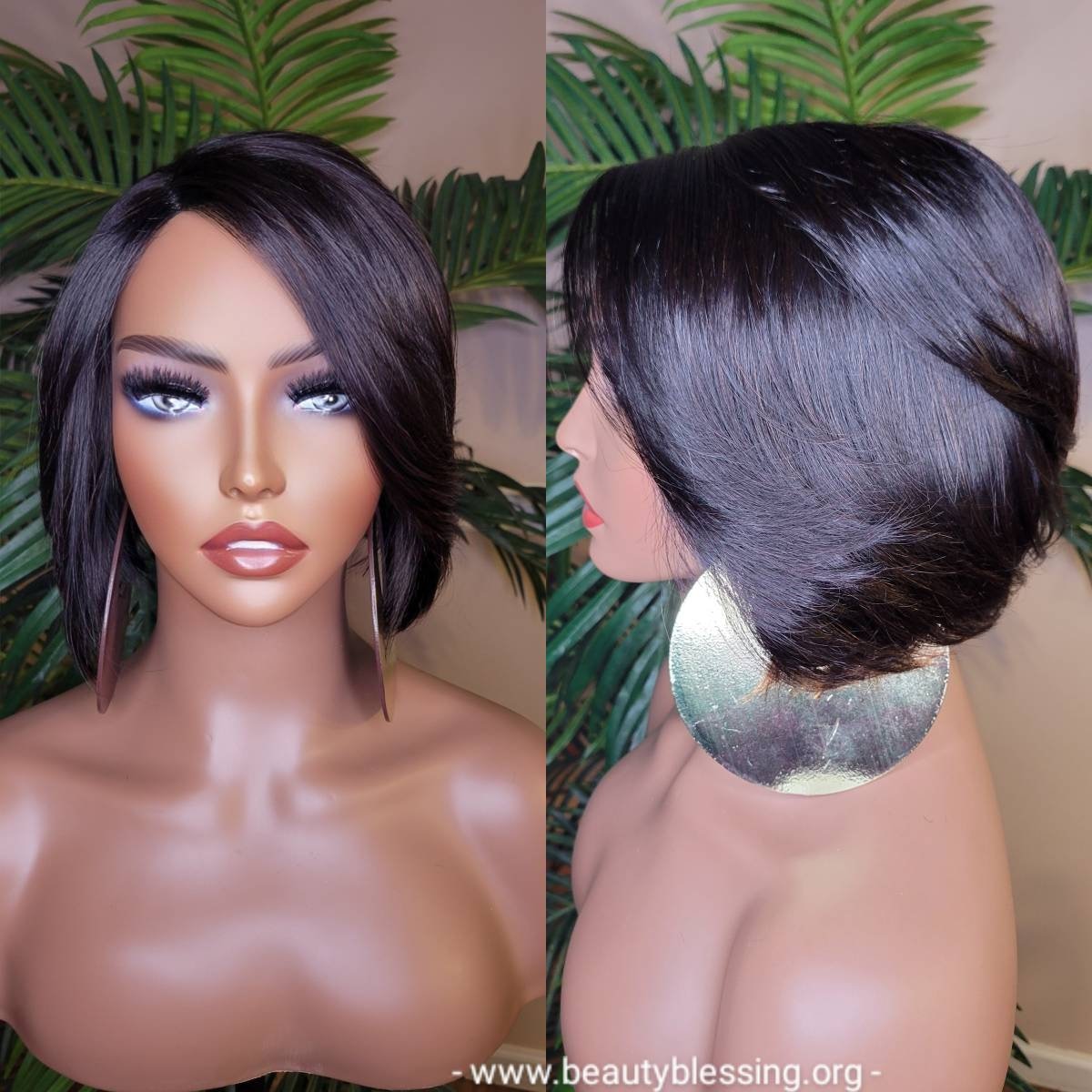 Remy Human Hair Bob Wig: Silky Black Swoop Bangs, 8 Inch - Etsy display picture 2