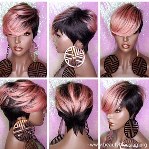 Pink Hair Wig Short Wig Pixie Cut Style with Swoop Bangs Wigs for Women Soft Light Pink Rosado Rosa Ombre Hair Color