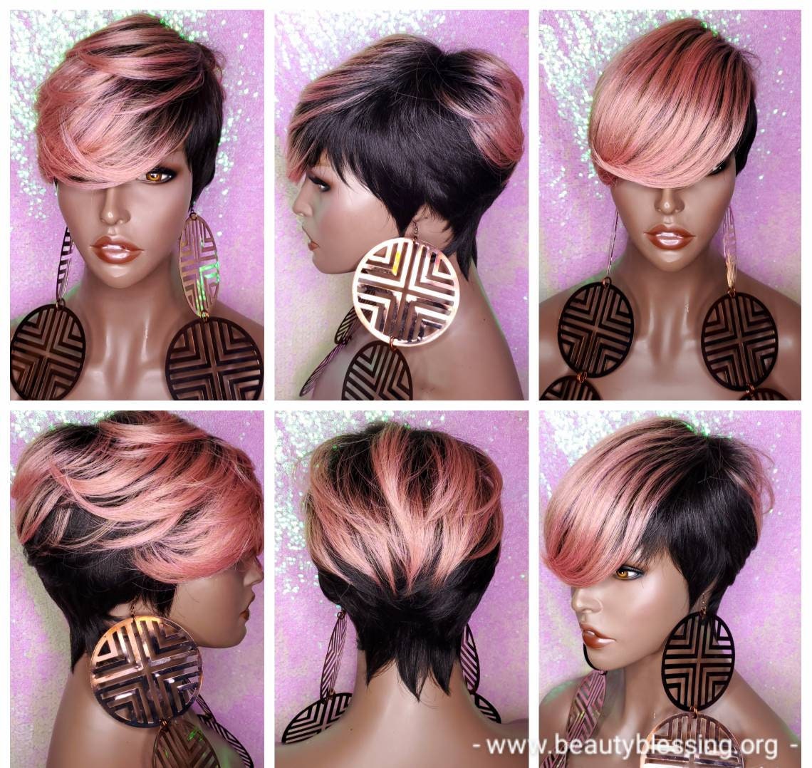 Pink Hair Wig Short Wig Pixie Cut Style With Swoop Bangs Wigs - Etsy Pink Hair Wig Short Wig Pixie Cut Style With Swoop Bangs Wigs - Etsy