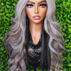 Long Curly Wig Dark Salt Pepper Gray Lace Front Wig Yaki Straight Hair Wig Gray Hair Silver Natural Mix Grey Hair Wig