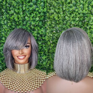 Salt and Pepper Wig Gray Human Hair Bob Wig Voluminous Hair Gray Yaki Hair Texture Wig