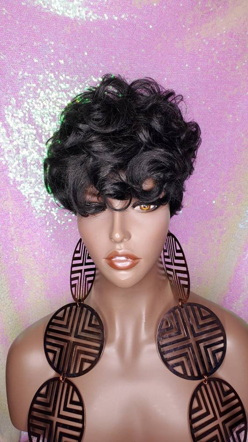 Wig Tapered Short Cut Mohawk Curl Full Cap Wig Pixie Cut Curl Etsy