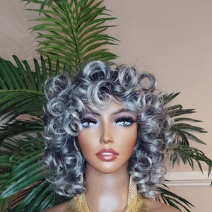 Wig Dark Salt Pepper Gray Hair Big Curl Wig Dark Gray Curly Hair Women Fashion Wig Natural Hair Wig