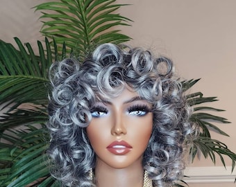 Wig Dark Salt Pepper Gray Hair Big Curl Wig Dark Gray Curly Hair Women Fashion Wig Natural Hair Wig