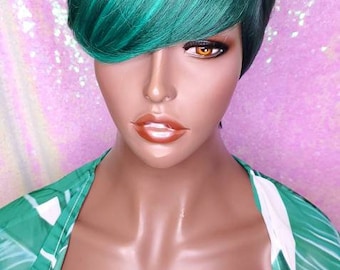 Wig Pixie Cut Swoop Bang Hair Green Ombre Wig Short Wig Pixie Cut Style with Swoop Bangs Wigs for  main image 3