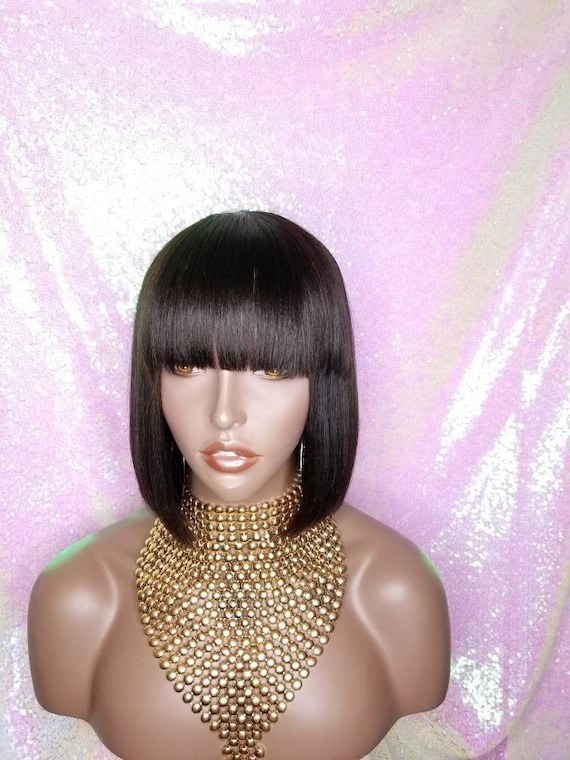 Remy Human Hair Bob Wig: Razor Cut Bangs, Natural Black - Etsy display picture 1