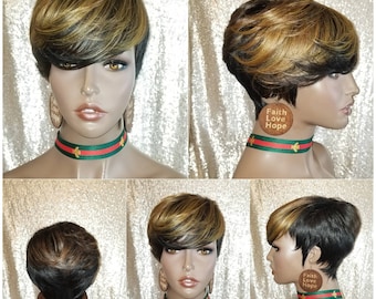 WIG Pixie Cut Layered Swoop Bang Short Hairstyle Wig Vogue Fashion Gold Honey Blonde Hair Wig