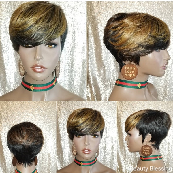 WIG Pixie Cut Layered Swoop Bang Short Hairstyle Wig Vogue Fashion Gold Honey Blonde Hair Wig