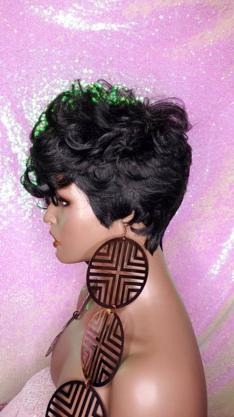 Wig Tapered Short Cut Mohawk Curl Full Cap Wig Pixie Cut Curl Etsy