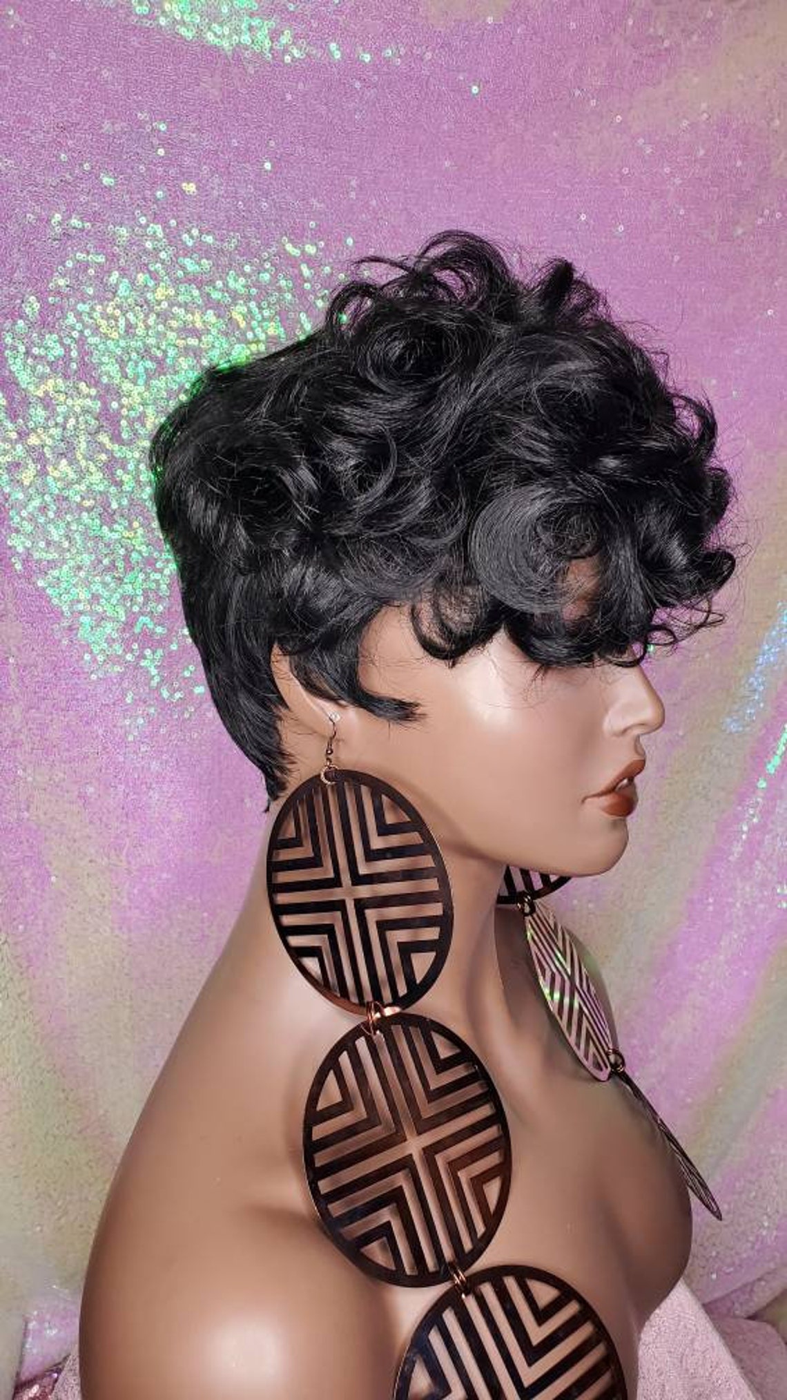Wig Tapered Short Cut Mohawk Curl Full Cap Wig Pixie Cut Curl Etsy