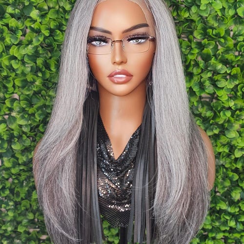 Long Straight Wavy Texturized Gray Ombre Heat Resistant Wig Long Curly Wavy Wigs Ombre Black Gray Synthetic Wig Middle  main image 4