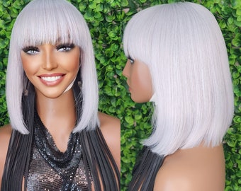 Light Gray Short Bob Wig Put On and Go Premium Fiber Wig Yaki Straight Bob Wig With Bangs Exclusive Discount Free Shipping