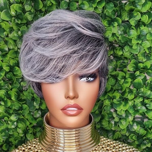 Salt and Pepper Gray Pixie Wig with Bangs: Short Silver Wig