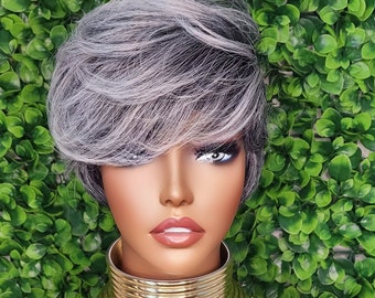 Salt and Pepper Gray Pixie Wig with Bangs: Short Silver Wig