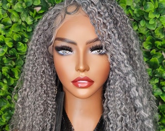 Salt Pepper Gray Lace Front Wig Crimp Hair Wig Yaki Gray Hair Natural Mix Grey Hair Crimped Wave Transparent Glueless Lace Wig