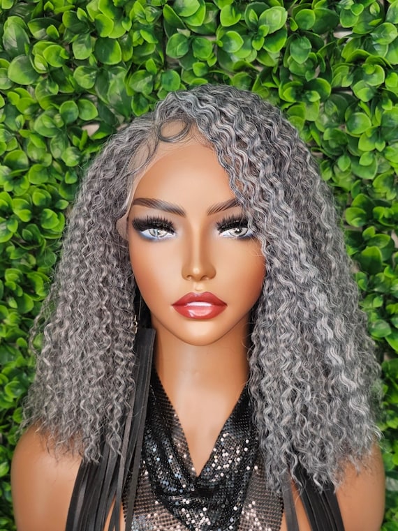 Salt Pepper Gray Lace Front Wig: Crimped Yaki Hair - Etsy display picture 2