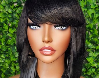 Human hair bob wig with swoop bangs Swoop Bang Bob Wig: Brazilian Remy Human Hair Full Cap - Etsy main image 4
