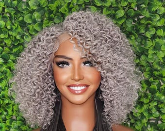 Salt Pepper Gray Kinky Curly Wig, HD Lace Front, Yaki Texture