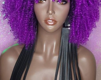 Wig Purple Curly Afro Kinky Twist Bangs Wig Afro Corkscrew Hair Wig Soft Natural Coily Ombre Purple Hair Wig