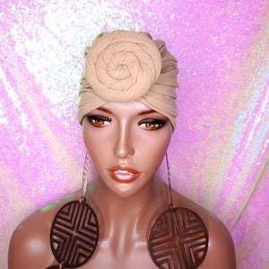 Women Stretchy African Turbans Bonnets Head Wraps Headband Soft Cotton Chemotherapy Hat Wraps Tan Colored Pretied Hair Wraps Scarfs