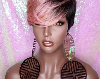 Pink Ombre Pixie Wig: Short Feathered Cut With Bangs - Etsy 