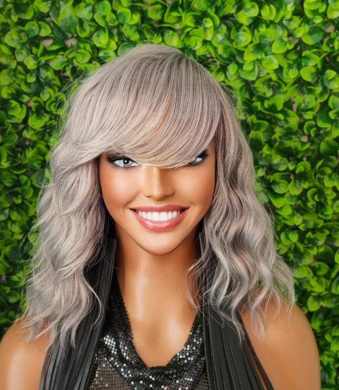 Gray Beauty Wig with bangs Amazon.com : MINLEE Silver Gray Wig with Bangs for Women 14  main image 3