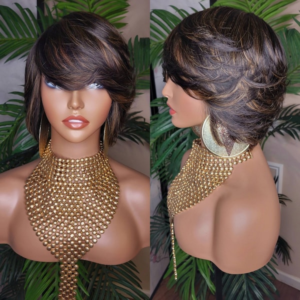 WIG Short Bob Human Hair Brazilian Remy Short Cut Hair Bob Hairstyle Layered Hair Full Cap Wig Colored Black Auburn  Hair Wig