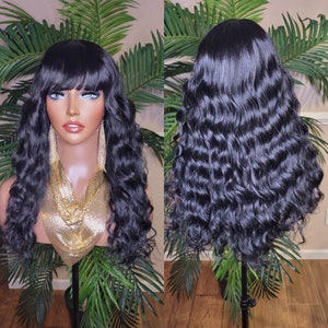 Wig Natural Deep Wave Hair Full Wig with Bangs Wavy Straight Bang Hairstyle Glueless Wig