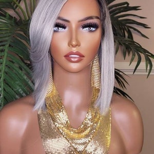 Grijs haar bob kapsel pruik gelaagde klap knal stijl clipper kort haar pruik mode platina zilver grijs haar pruik